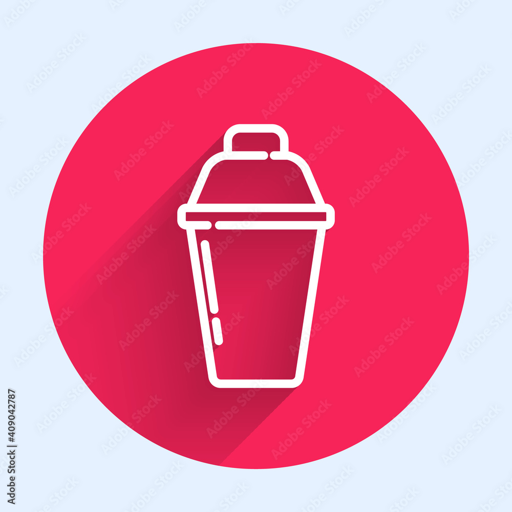 White line Cocktail shaker icon isolated with long shadow. Red circle button. Vector.