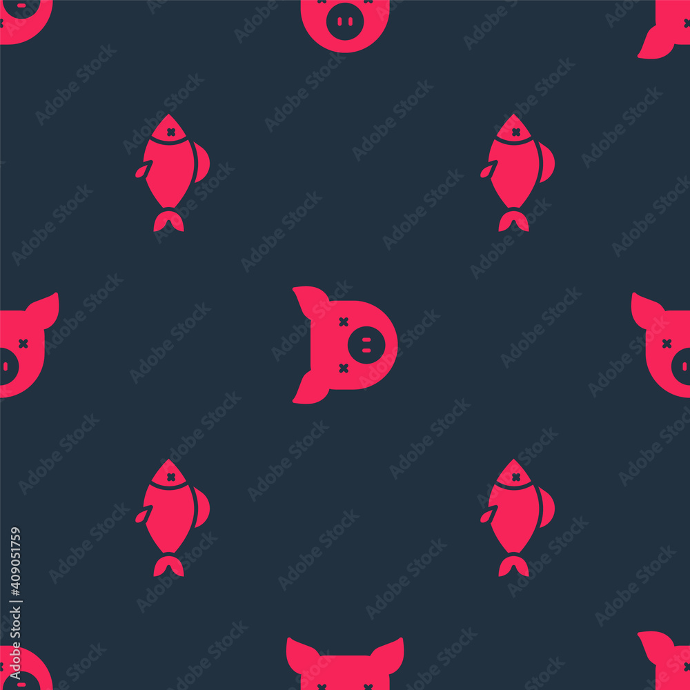 Set Fish and Pig on seamless pattern. Vector.