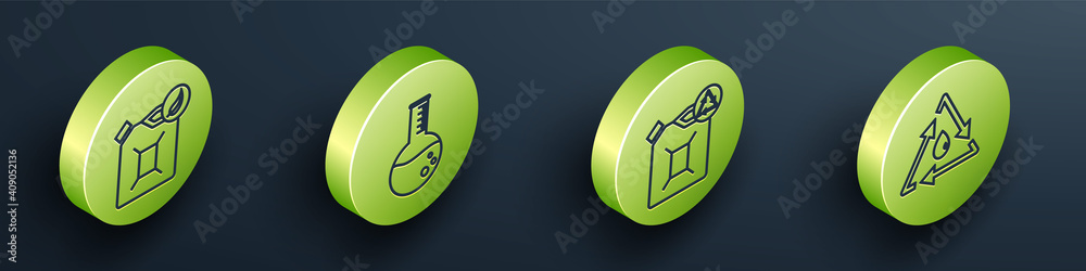 Set Isometric Bio fuel canister, Oil petrol test tube, Eco fuel canister and Oil drop with recycle i