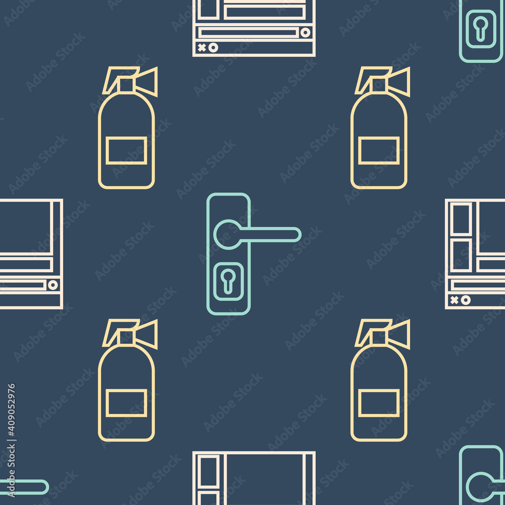 Set line Website template, Fire extinguisher and Door handle on seamless pattern. Vector.