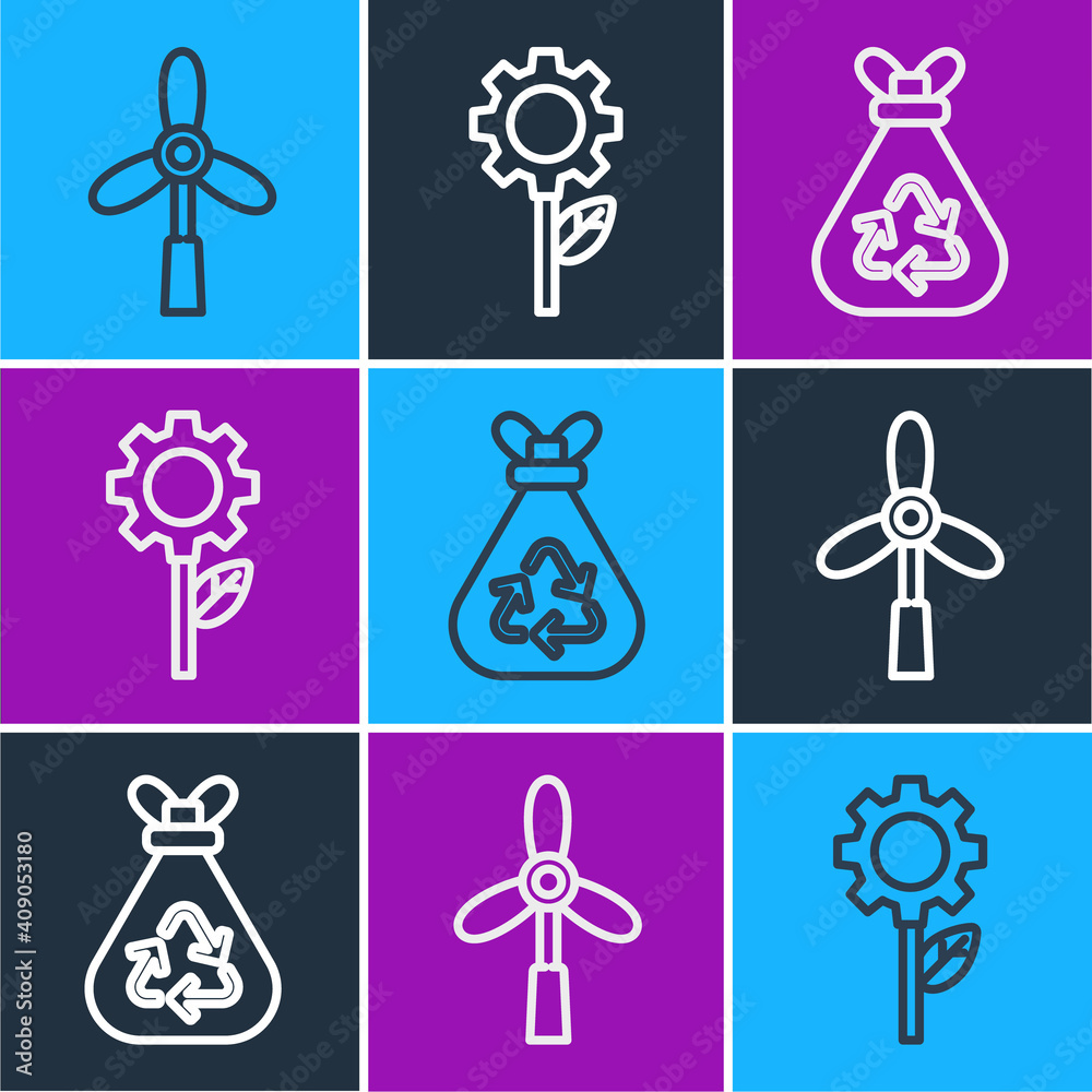 Set line Wind turbine, Garbage bag with recycle and Leaf plant in gear machine icon. Vector.