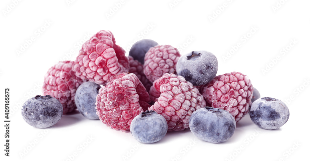 Frozen blueberry and raspberry on white background