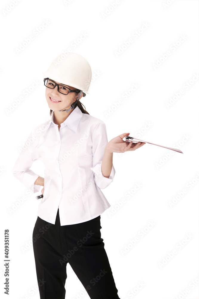 Business woman wearing a safety helmet