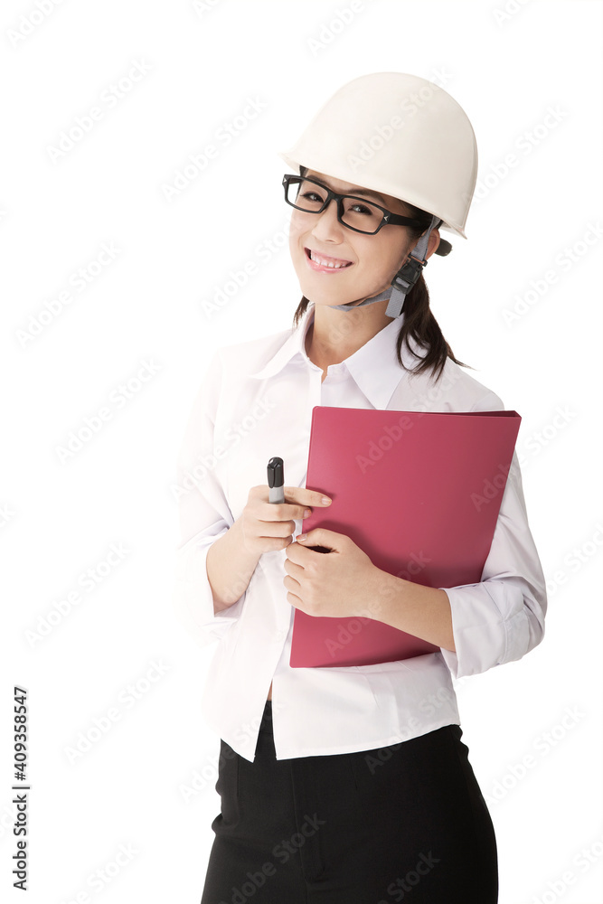 Business woman wearing a safety helmet