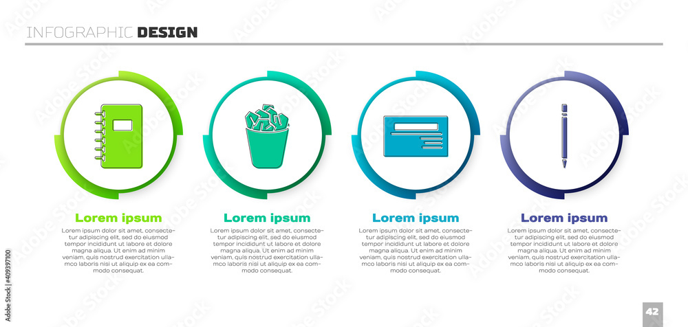 Set Spiral notebook, Full trash can, Business card and Pencil with eraser. Business infographic temp