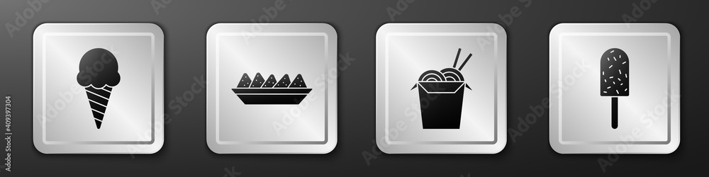 Set Ice cream in waffle cone, Nachos in plate, Asian noodles and chopsticks and Ice cream icon. Silv