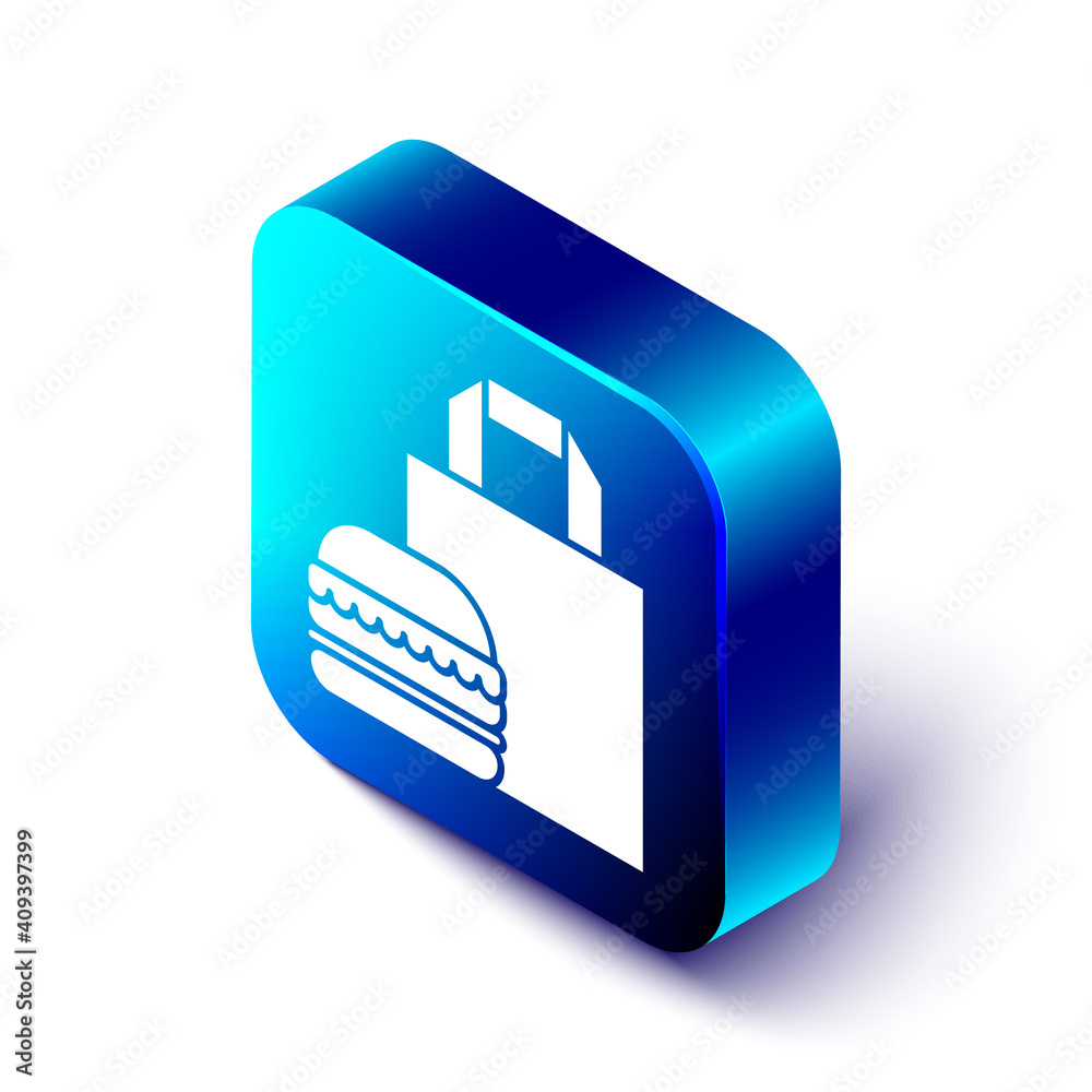 Isometric Online ordering and burger delivery icon isolated on white background. Blue square button.