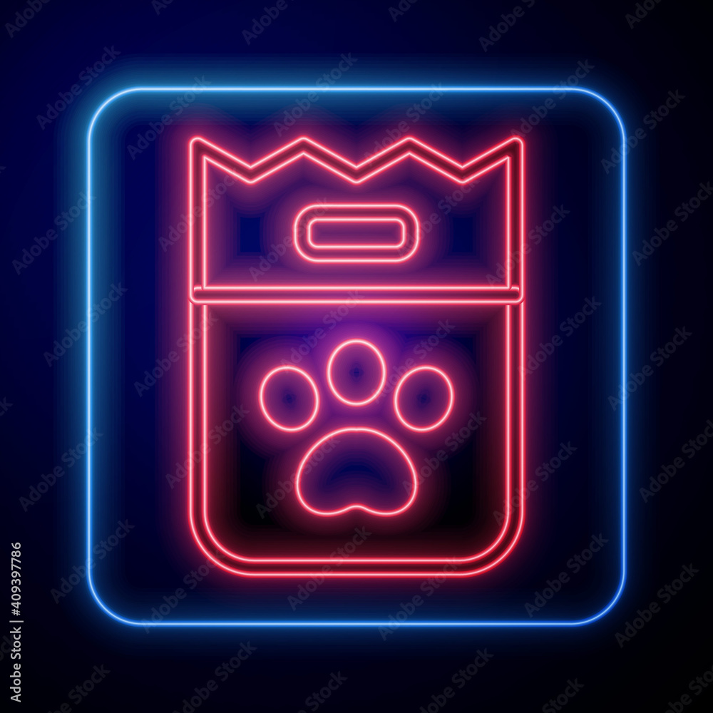 Glowing neon Bag of food for dog icon isolated on blue background. Dog or cat paw print. Food for an