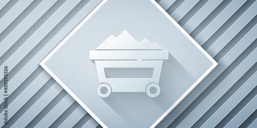 Paper cut Coal mine trolley icon isolated on grey background. Factory coal mine trolley. Paper art s