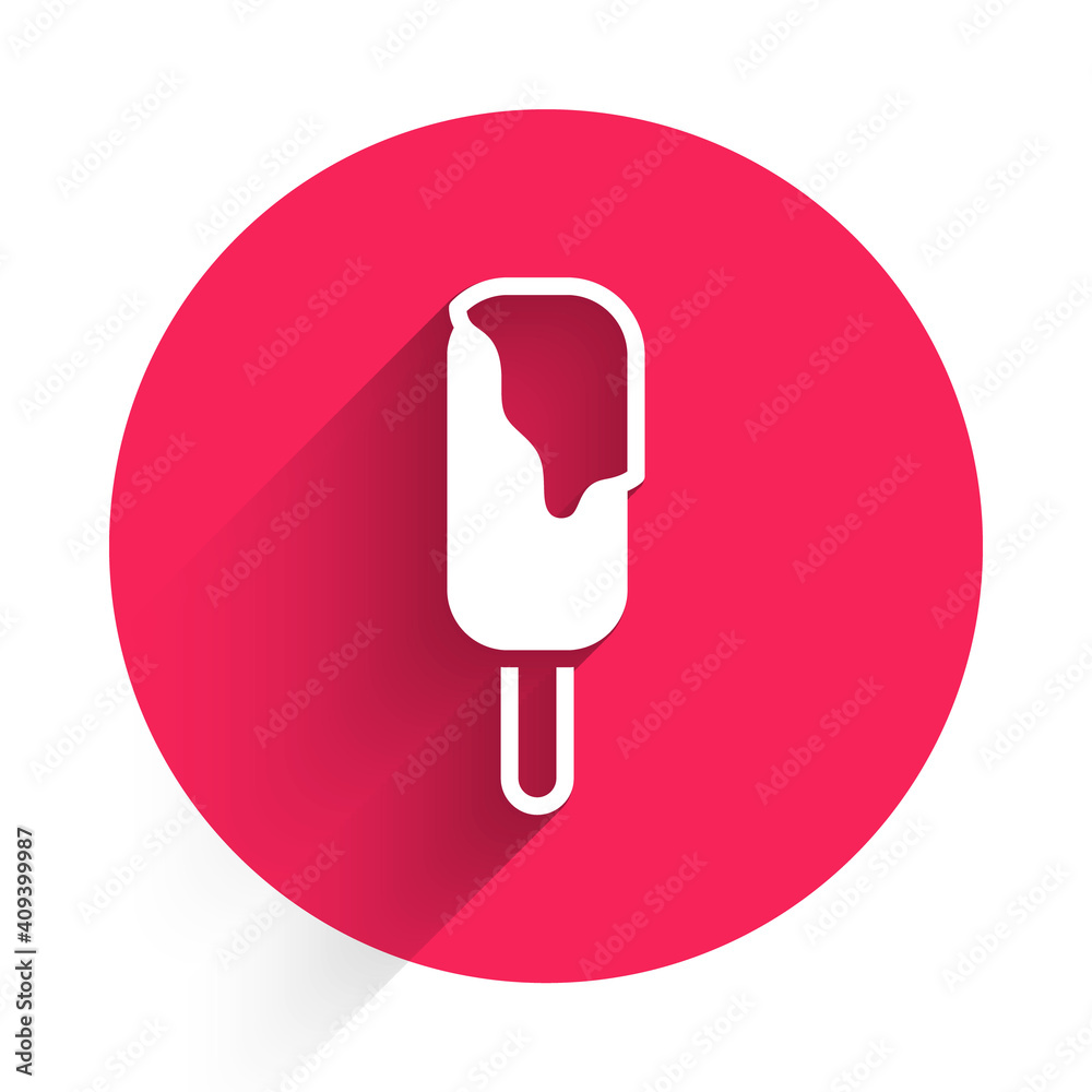 White Ice cream icon isolated with long shadow. Sweet symbol. Red circle button. Vector.