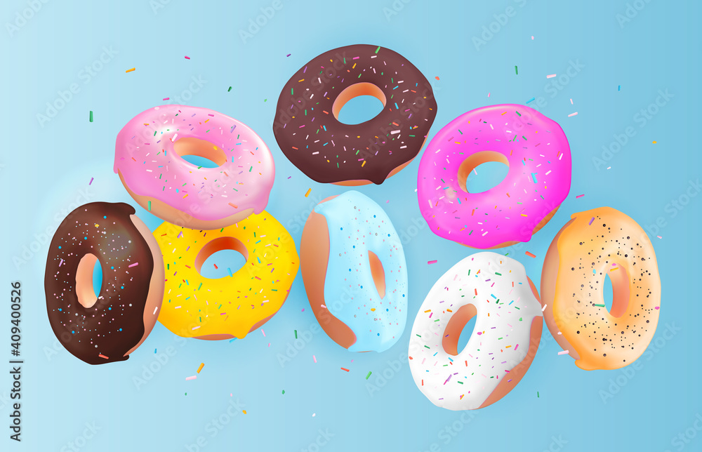 Realistic 3d sweet tasty donut background. Can be used for dessert menu, poster, card. Vector illust