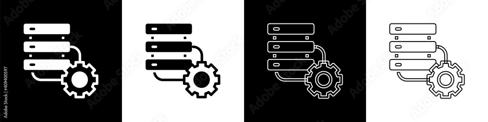 Set Server and gear icon isolated on black and white background. Adjusting app, service concept, set