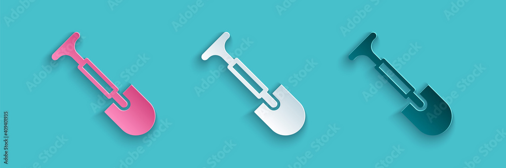 Paper cut Shovel icon isolated on blue background. Gardening tool. Tool for horticulture, agricultur