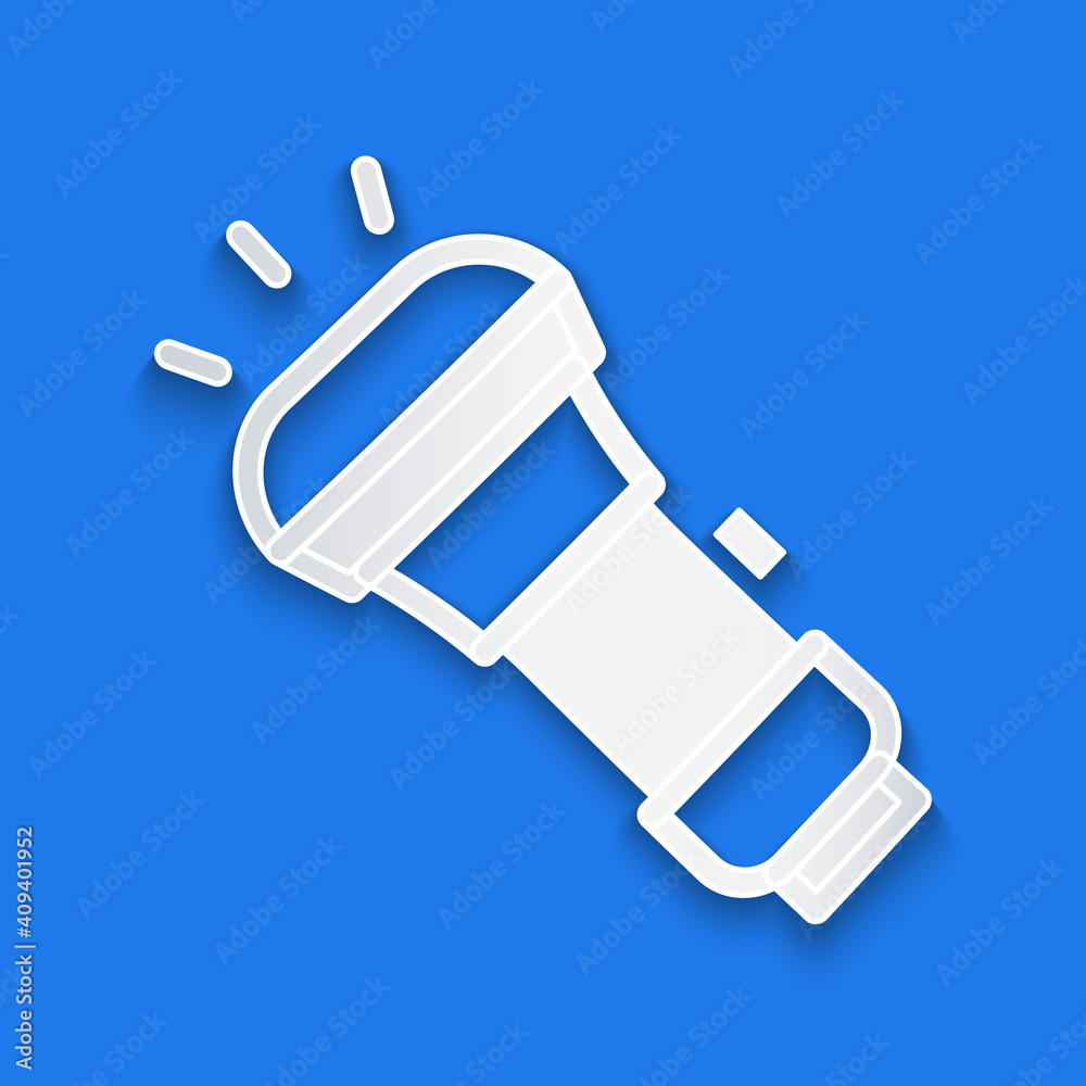 Paper cut Flashlight icon isolated on blue background. Paper art style. Vector.