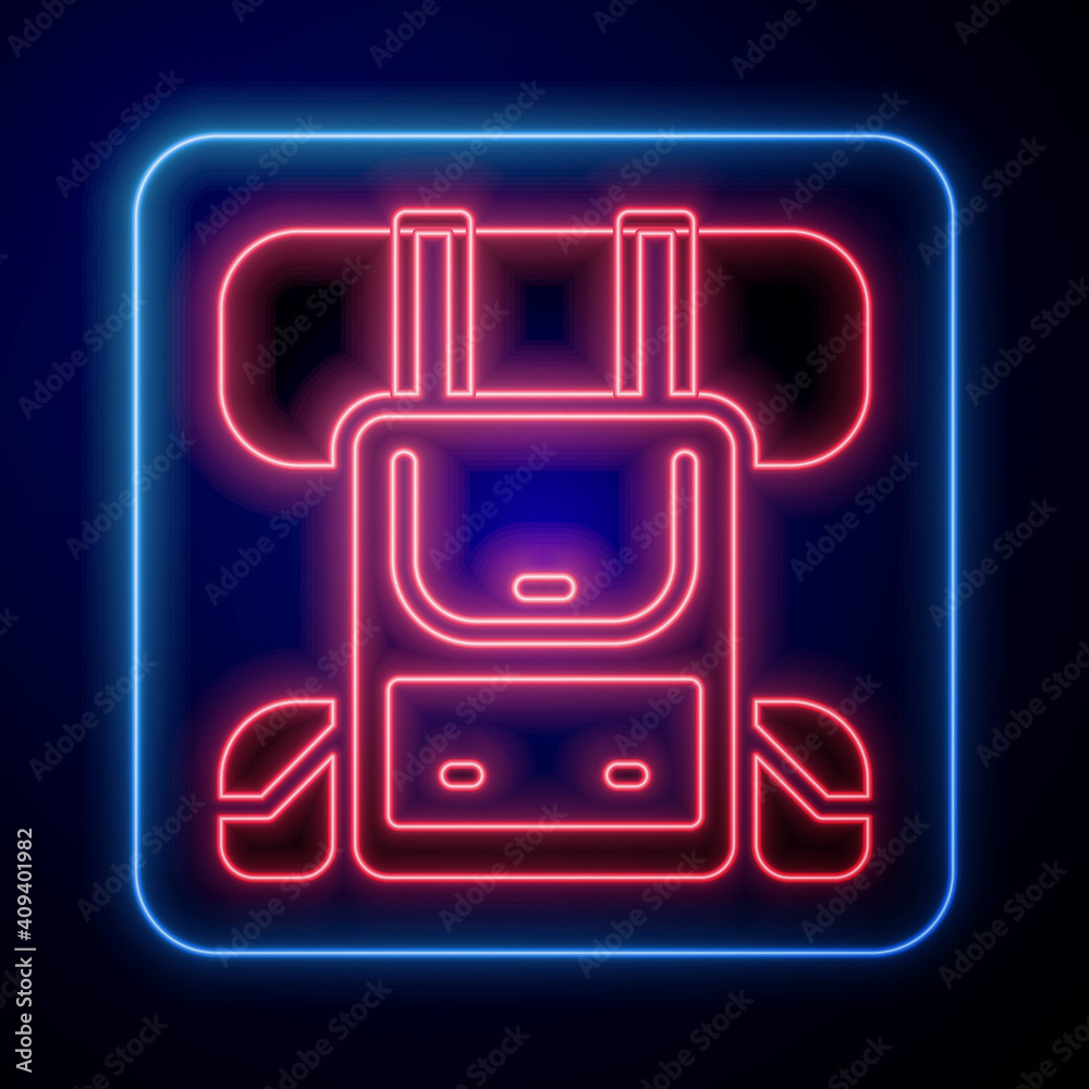 Glowing neon Hiking backpack icon isolated on blue background. Camping and mountain exploring backpa