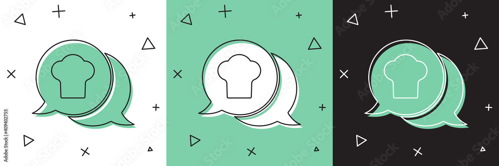 Set Chef hat in speech bubble icon isolated on white and green, black background. Cooking symbol. Co