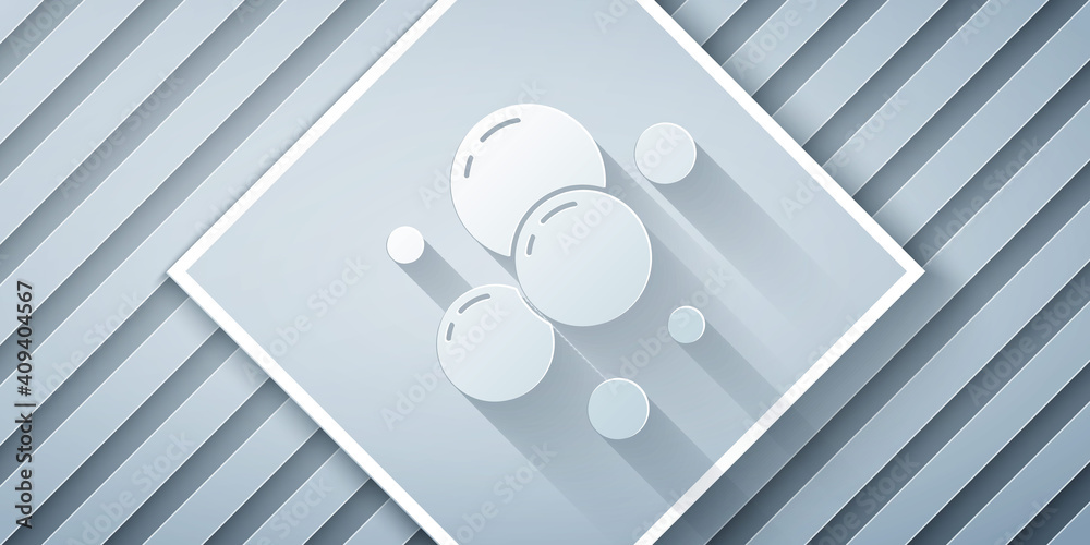 Paper cut Soap water bubbles icon isolated on grey background. Paper art style. Vector.