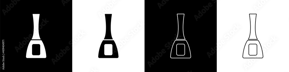 Set Nail polish bottle icon isolated on black and white background. Vector.