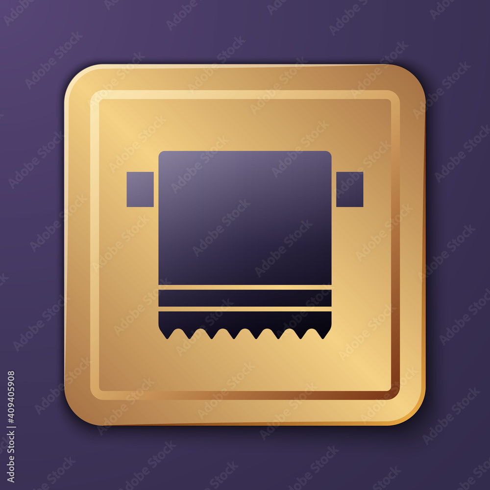 Purple Towel on hanger icon isolated on purple background. Bathroom towel icon. Gold square button. 