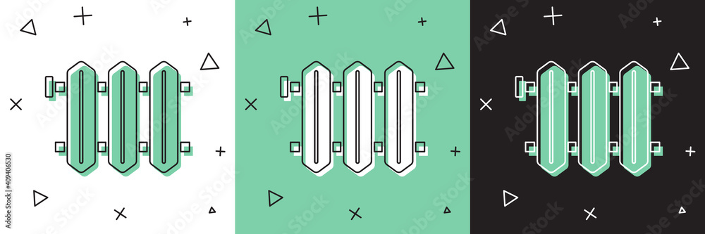 将加热散热器图标隔离在白色和绿色、黑色背景上。矢量。