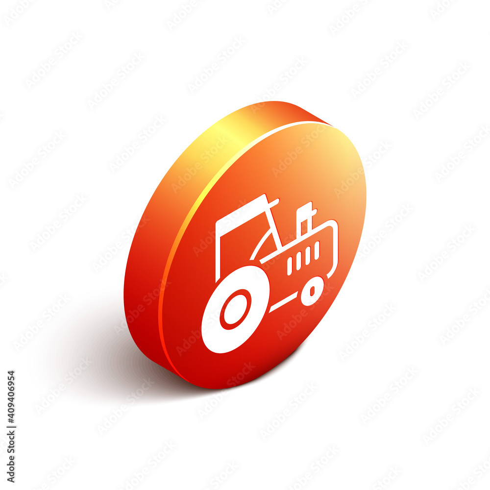 Isometric Tractor icon isolated on white background. Orange circle button. Vector.