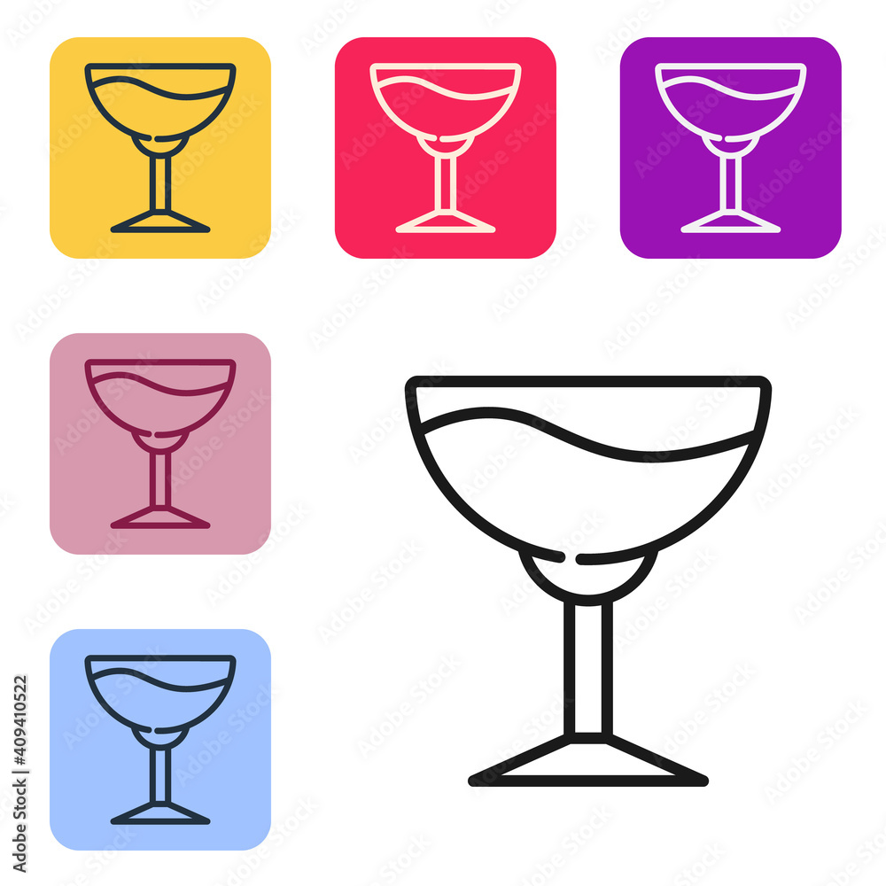 Black line Wine glass icon isolated on white background. Wineglass sign. Set icons in color square b