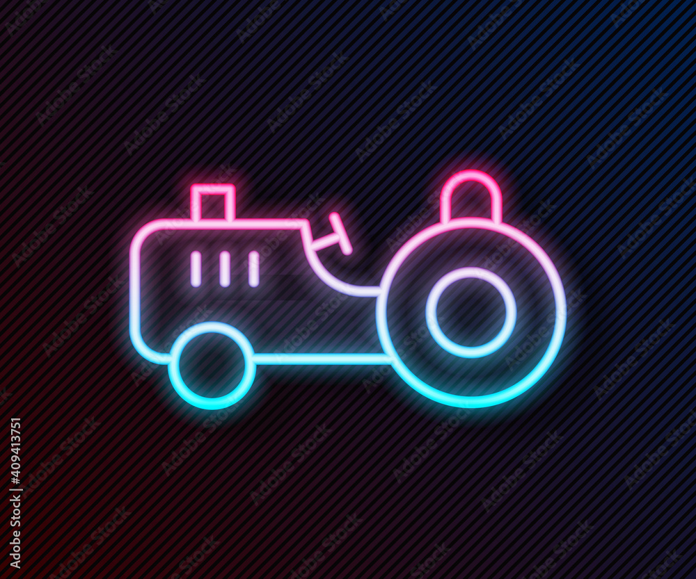 Glowing neon line Tractor icon isolated on black background. Vector.