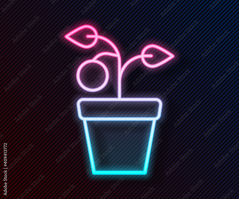 Glowing neon line Plant in pot icon isolated on black background. Plant growing in a pot. Potted pla