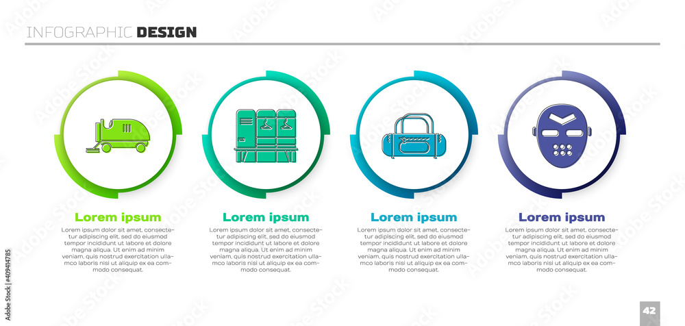 设置制冰机、储物柜或更衣室、运动包和冰球面罩。商业信息图模板