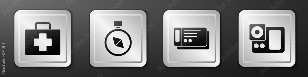 Set First aid kit, Compass, Travel ticket and Photo camera icon. Silver square button. Vector.