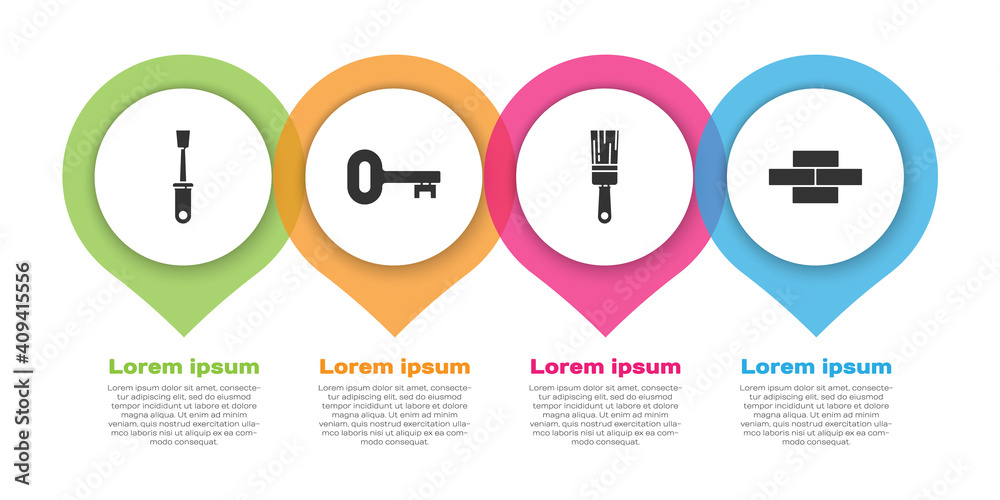 套装螺丝刀，旧钥匙，画笔和砖块。商业信息图模板。矢量。