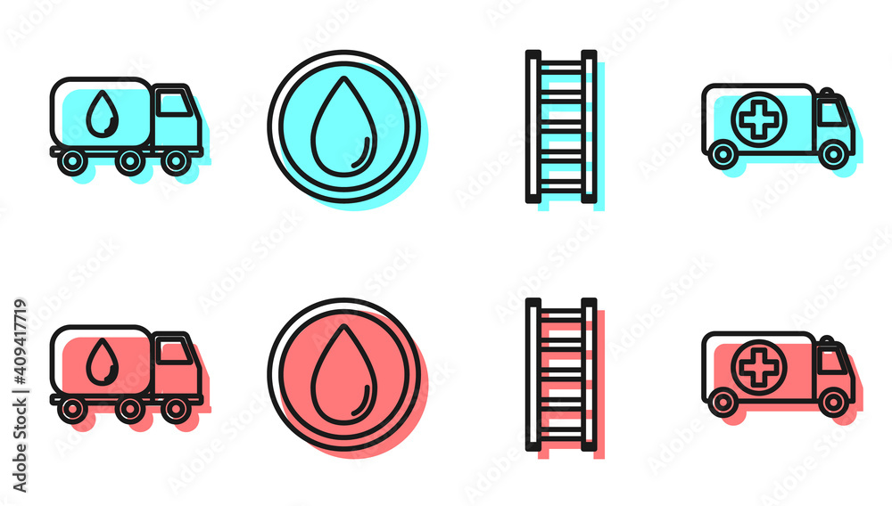 Set line Fire escape, Water delivery truck, Water drop and Ambulance and emergency car icon. Vector.