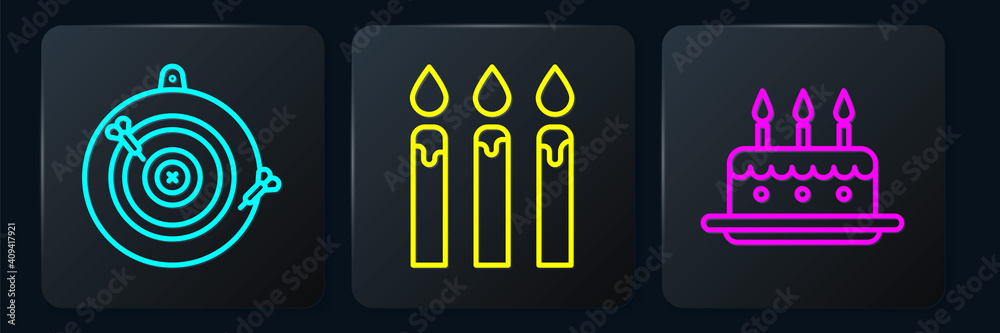 Set line Classic dart board and arrow, Cake with burning candles and Birthday cake candles. Black sq