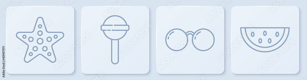 Set line Starfish, Glasses, Lollipop and Watermelon. White square button. Vector.