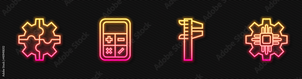 Set line Calliper or caliper and scale, Gear, Calculator and Processor. Glowing neon icon. Vector.