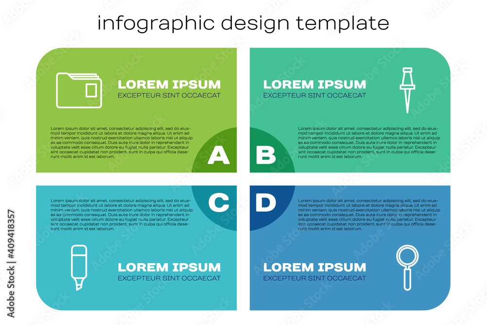 Set line Marker pen, Document folder, Magnifying glass and Push pin. Business infographic template. 