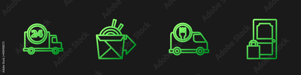 Set line Fast delivery by car, , Online ordering noodles and and. Gradient color icons. Vector.