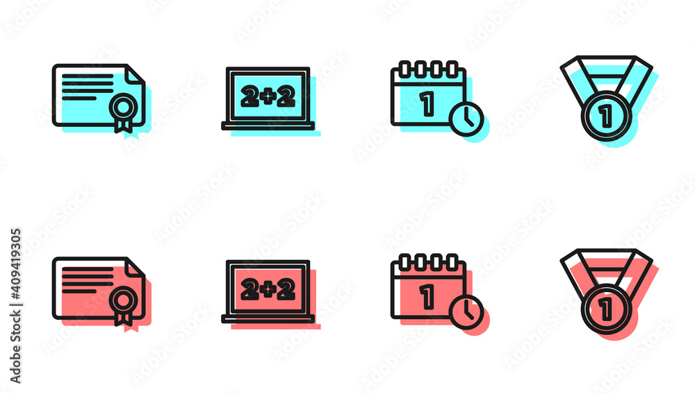 设置行日历9月1日，证书模板，黑板和奖章图标。矢量。