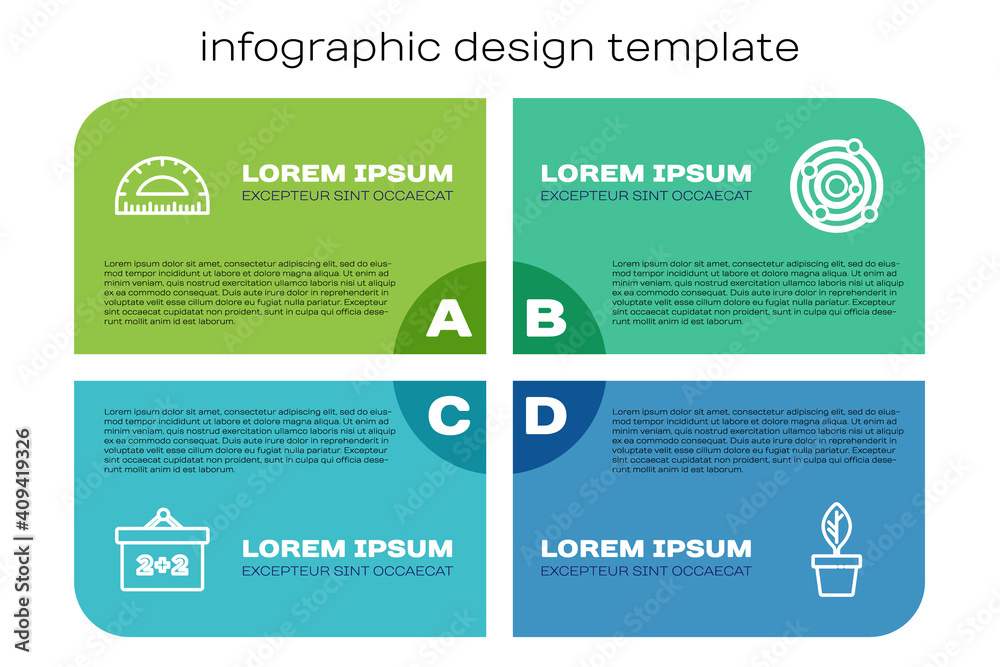 Set line Chalkboard, Protractor, Plant in pot and Solar system. Business infographic template. Vecto