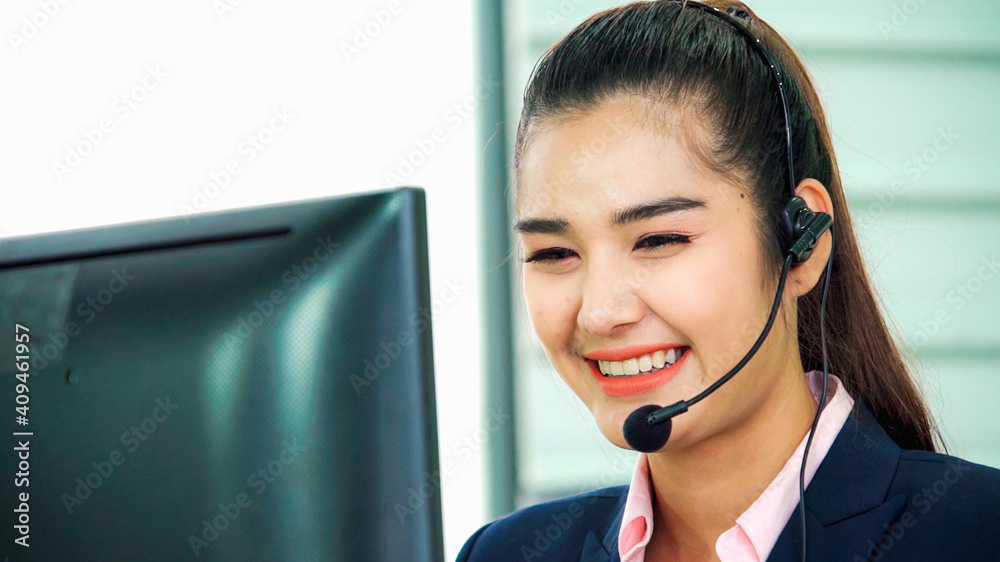 Business people wearing headset working in office to support remote customer or colleague. Call cent