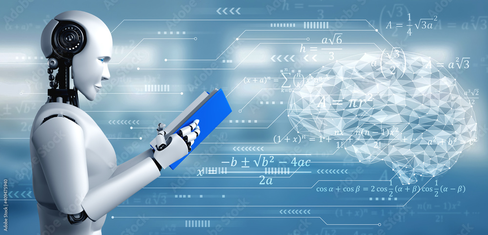 未来概念中机器人类人阅读书籍和解决数学数据分析的3D插图