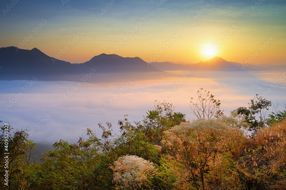 从富通山（Phu Thok hill）的观点，即洛伊（Loei）的大汗城的著名观点，可以看到朦胧的风景