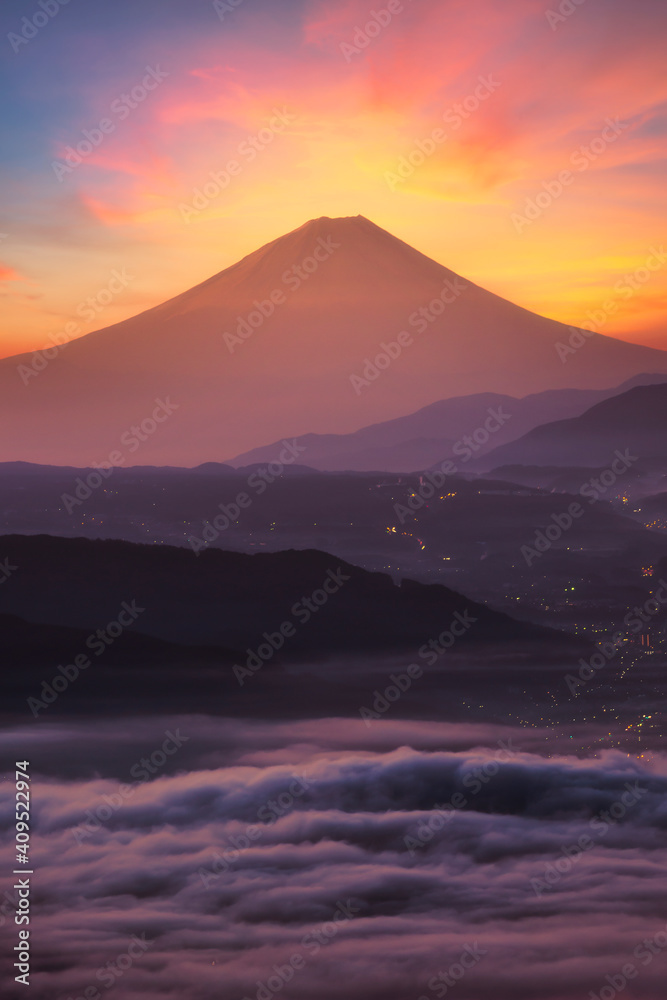 Beautiful scene of Fuji mountain and Lake Suwako from Takabochi highland in Nagano, Japan