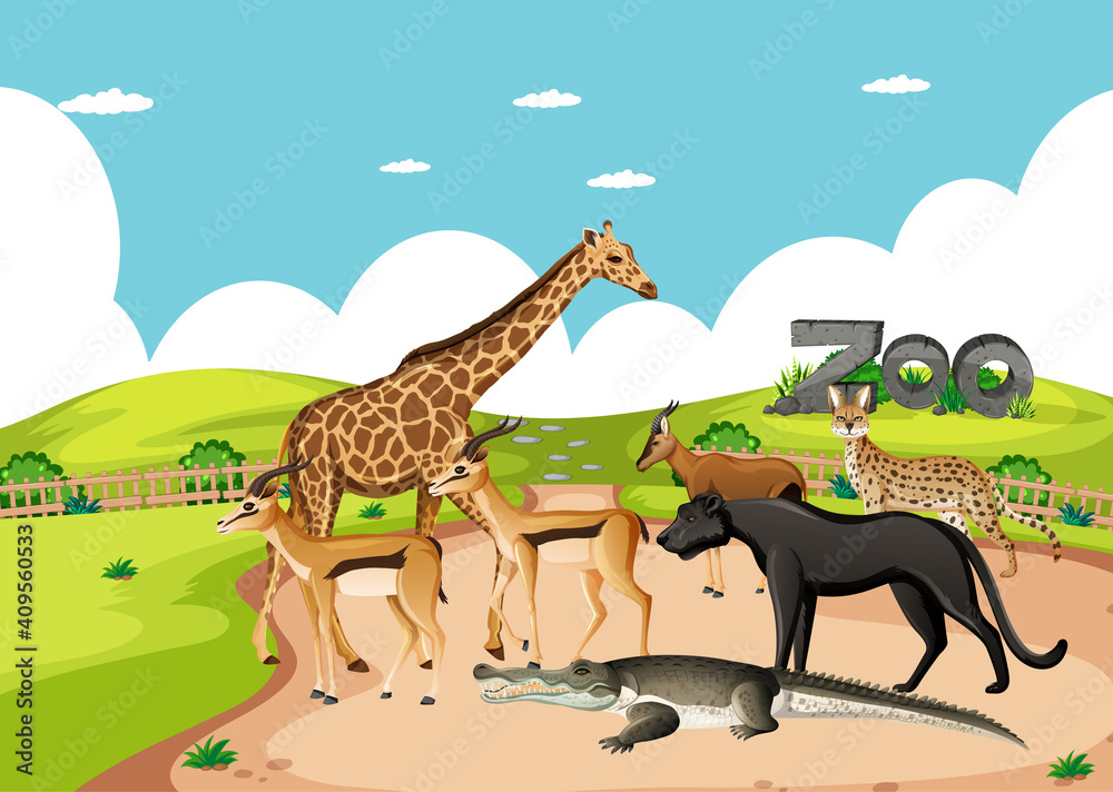 Group of wild african animal in the zoo scene