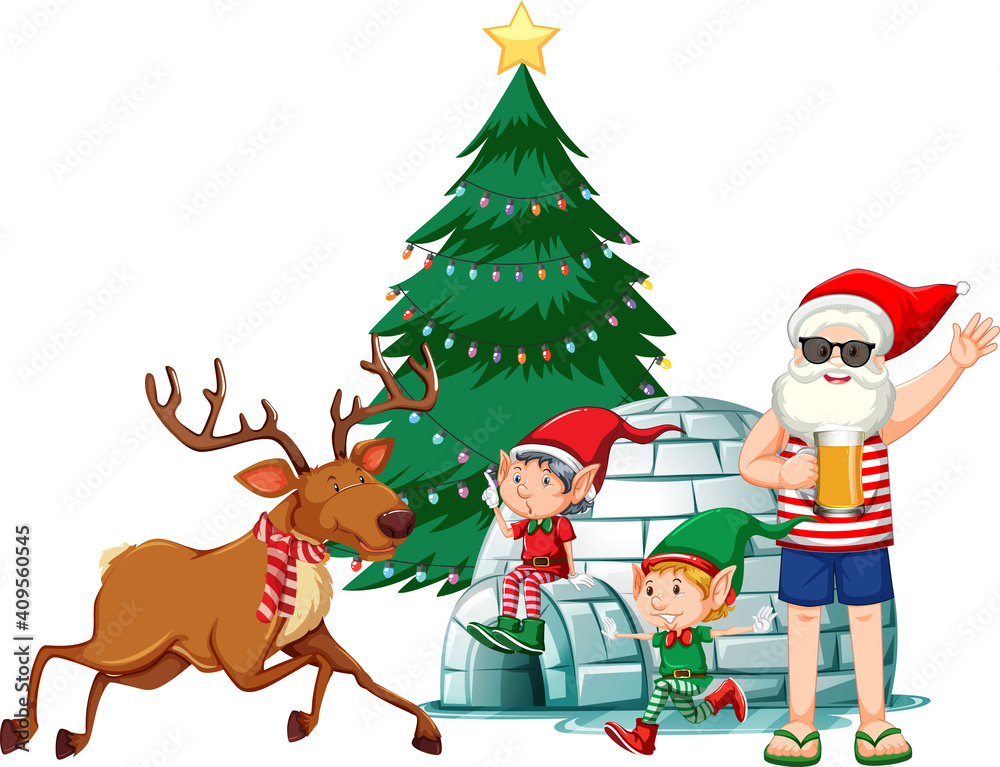 Santa Claus in summer costume with elf and raindeer on white background