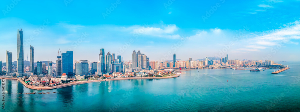 青岛浮山湾建筑景观和天际线全景