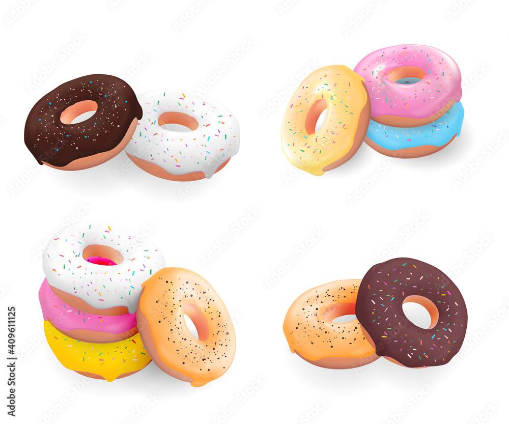 Big Collection Set of Realistic 3d sweet tasty donuts with different colour icing isolated on white 