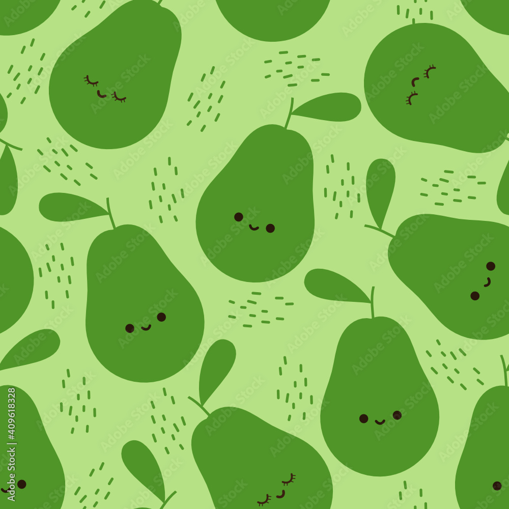 Seamless pattern of avocado cartoon with cute face on white background vector illustration.