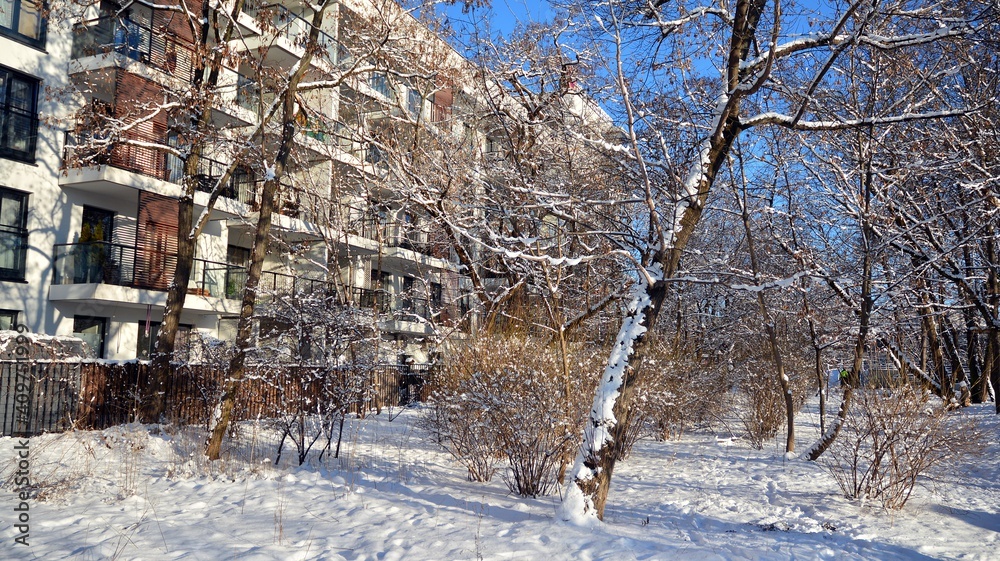 寒冷冬日早晨的现代住宅区。