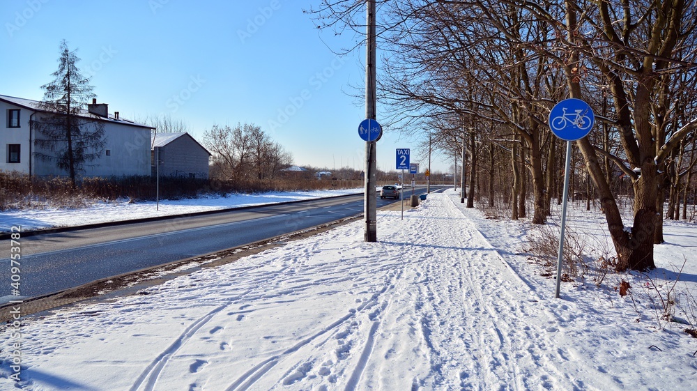 白色暴风雪期间郊区的居民区，道路被雪覆盖。